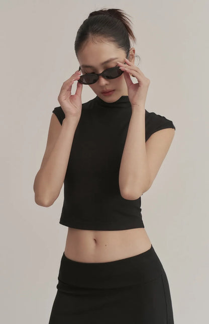 Soft Ribbed Mock-Neck Cap-Sleeve Crop Bra Top<br/>柔彈羅紋高領包肩Bra Top