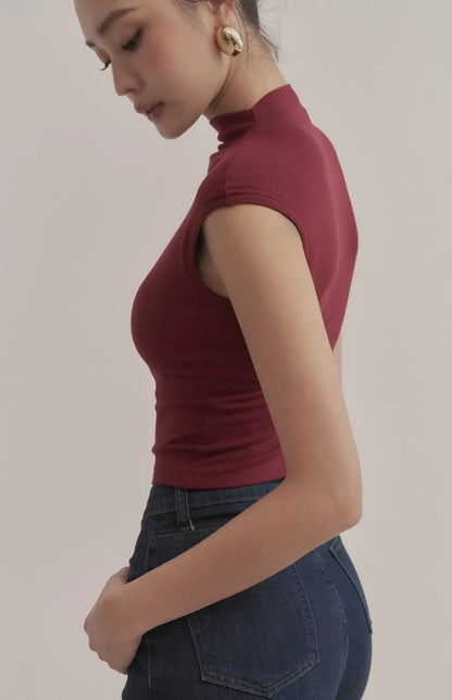 Soft Ribbed Mock-Neck Cap-Sleeve Crop Bra Top<br/>柔彈羅紋高領包肩Bra Top