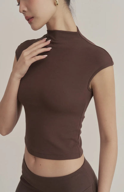 Soft Ribbed Mock-Neck Cap-Sleeve Crop Bra Top<br/>柔彈羅紋高領包肩Bra Top