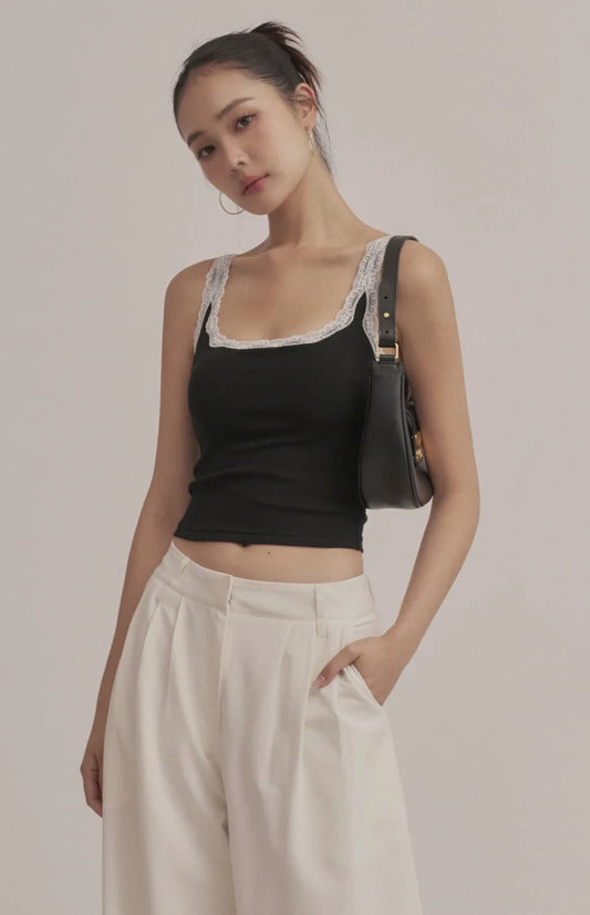 Contrast Lace Scoop-Neck Ribbed Bra Top<br/>羅紋撞色蕾絲U領Bra Top