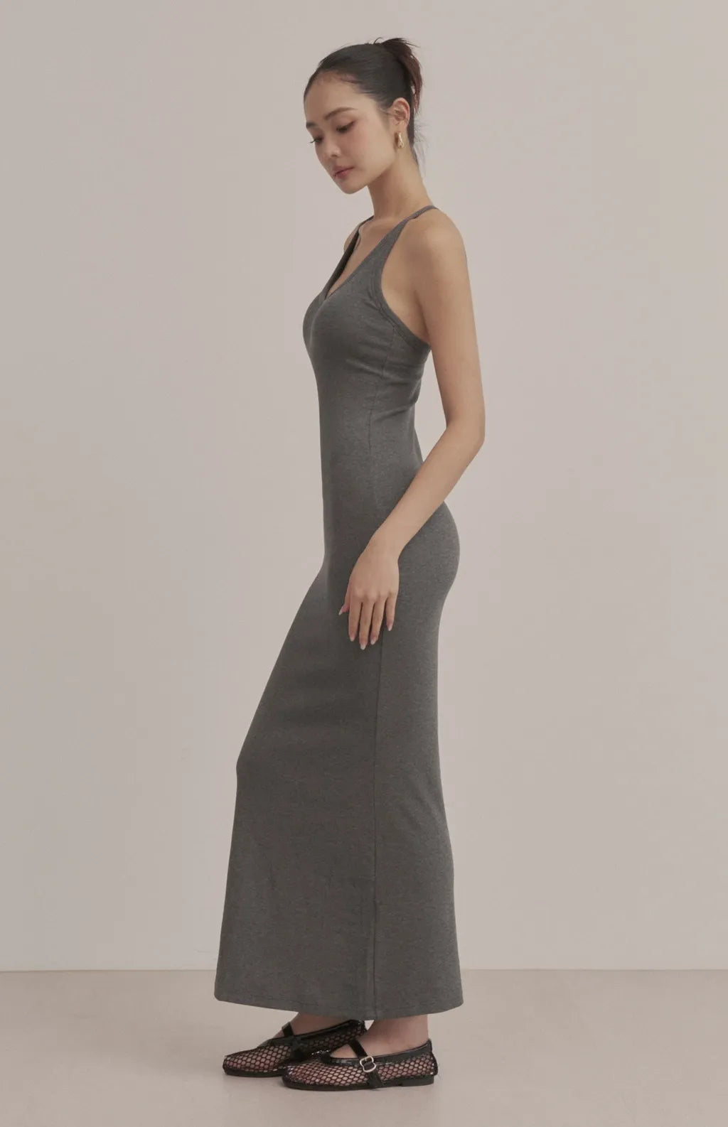 Ribbed V-Neck Racerback Bodycon Maxi Bra Dress<br/>羅紋V領挖背修身Bra Dress