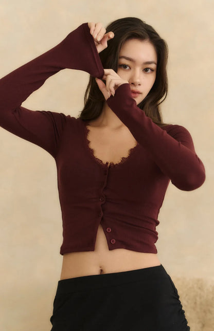 Lace Ribbed Button Bra Top<br/>蕾絲坑條排釦Bra Top