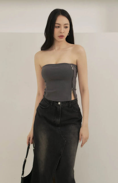 Side Zipper Strapless Bra Top<br/>側拉鏈造型平口Bra Top