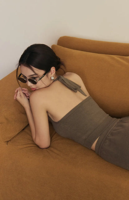 Knit Halter Tie-Strap Bra Top<br/>針織繞脖綁帶Bra Top