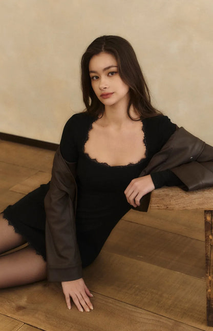 Lace Square Neck Modal Mini Bra Dress<br/>蕾絲方領莫代爾長袖Bra Dress