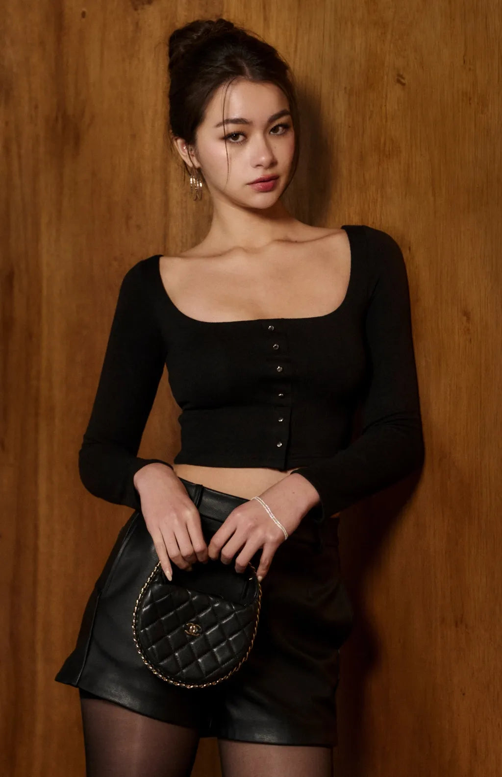 Woolen Square Neck Button Long Sleeve Bra Top<br/>毛呢方領金屬釦長袖Bra Top