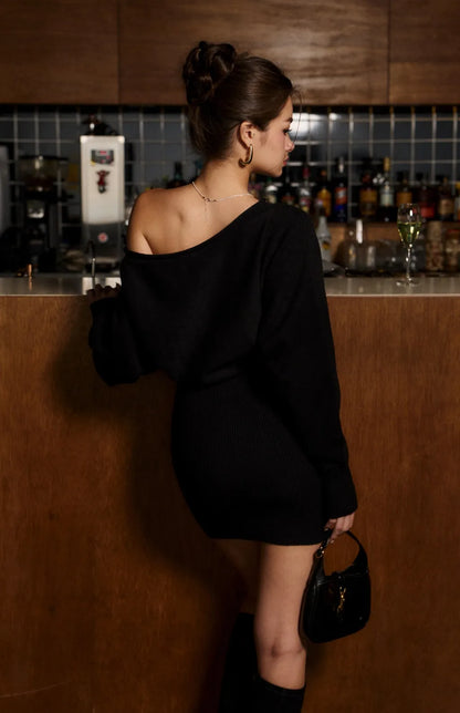 Cozy Knit Off-Shoulder Bodycon Mini Dress<br/>慵懶針織長袖包臀洋裝