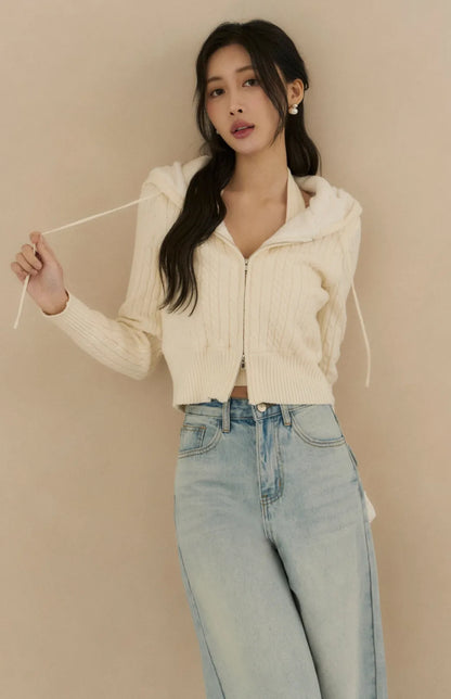 (最後現貨) Cable Knit Fleece Lined Hooded Cardigan<br/>麻花針織內刷毛連帽外套 -【S、M】