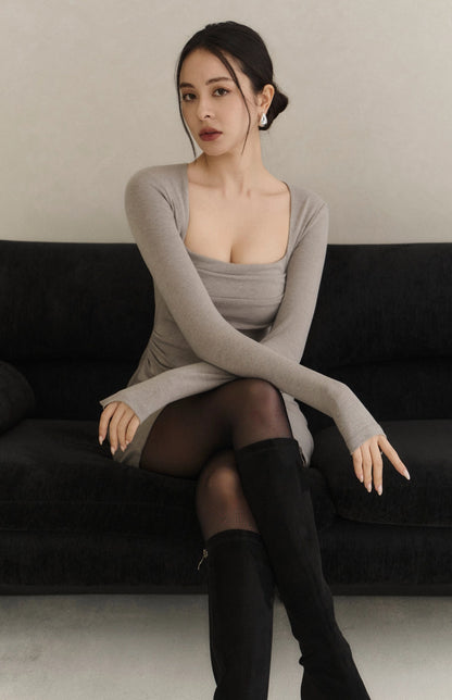 Tencel Strapless Ruched Long-Sleeve Bra Dress<br/>天絲美胸抓皺平口Bra Dress