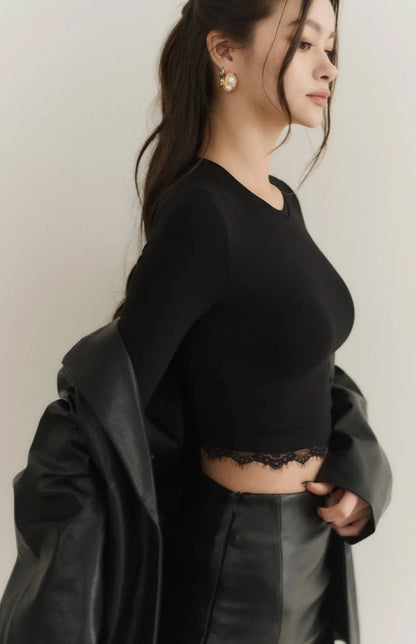 （最後現貨）Modal Lace-Panel Crew Neck Long Sleeve Bra Top<br/>莫代爾拼接蕾絲圓領長袖Bra Top -【XS】