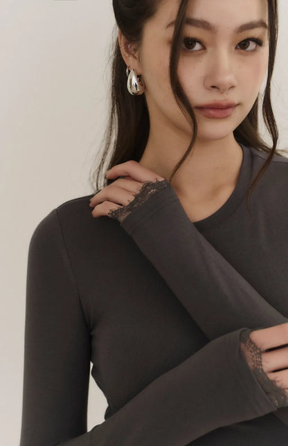 （最後現貨）Modal Lace-Panel Crew Neck Long Sleeve Bra Top<br/>莫代爾拼接蕾絲圓領長袖Bra Top -【XS】