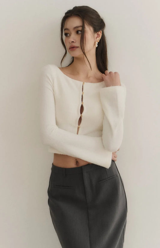 Fuzzy Boat-Neck Multiway Buttoned Bra Top<br/>毛毛船型領多穿排釦Bra Top