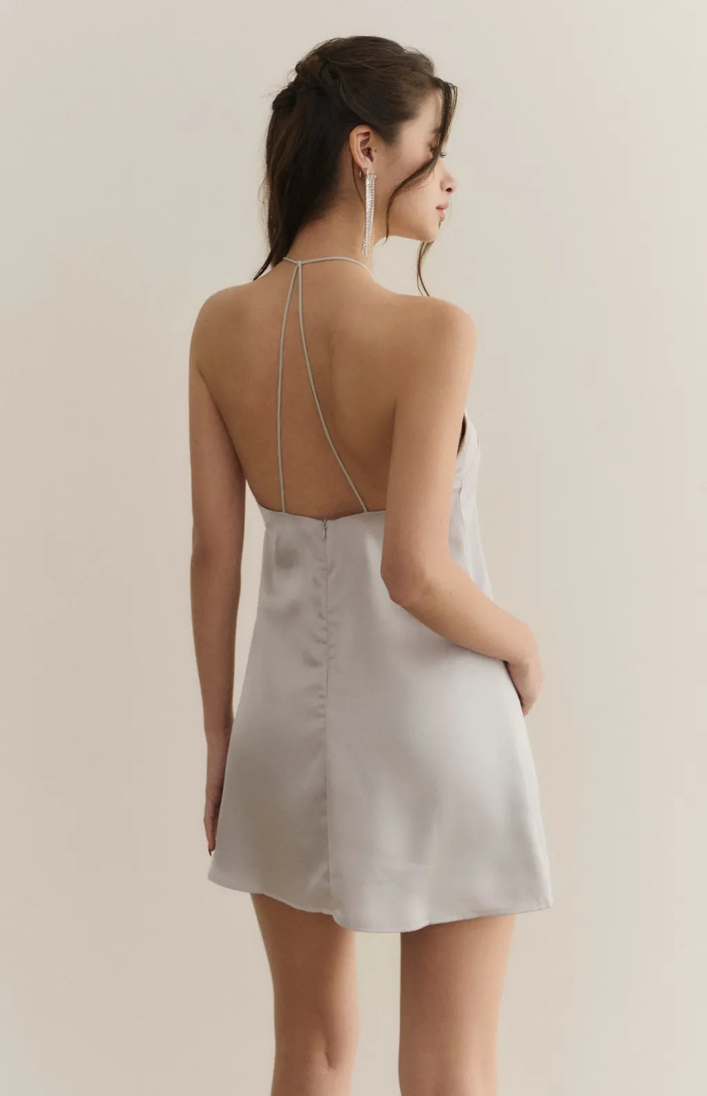 Goddess Satin Halter Open-Back Mini Bra Dress<br/>女神緞面削肩美背短Bra Dress
