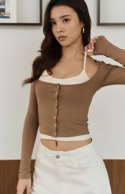 (現貨) Ribbed Faux-Layer Halter Button Bra Top<br/>坑條綁帶假兩件罩衫Bra Top