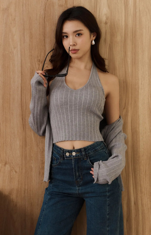 Ribbed Knit Halter V-Neck Bra Top<br/>針織坑條V領繞脖Bra Top