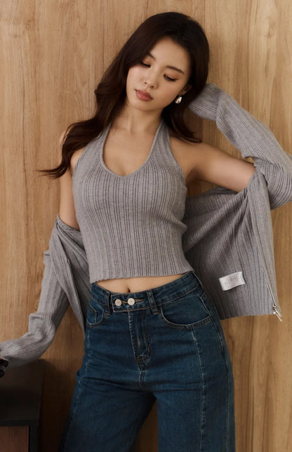 Ribbed Knit V-Neck Two-Way Zip Jacket<br/>針織坑條V領雙向拉鍊外套