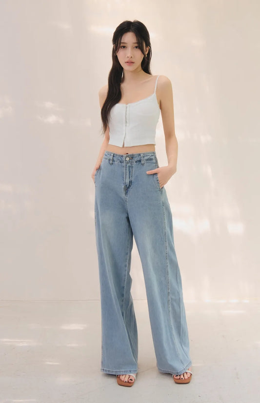 High-Waist Panelled Wide-Leg Jeans<br/>修身拼接剪裁軟牛仔寬褲