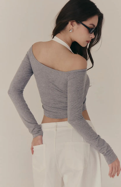 Halter Off-Shoulder Faux-Layer Long Sleeve Bra Top<br/>繞脖一字領假兩件長袖 Bra Top