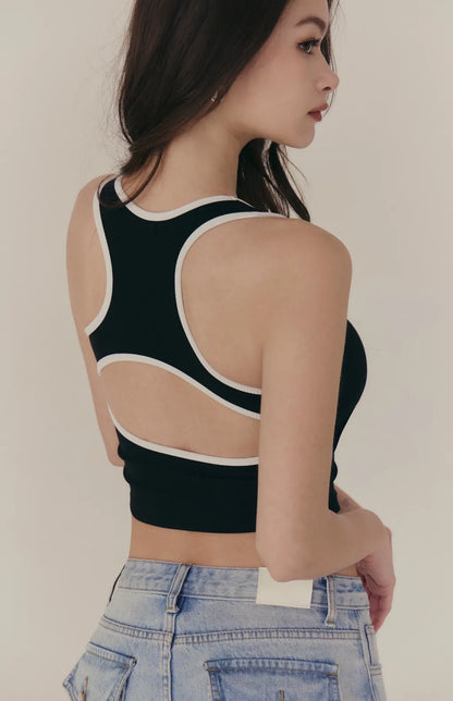 Square Neck Contrast Curved Open-Back Bra Top<br/>方領撞色弧線挖背Bra Top