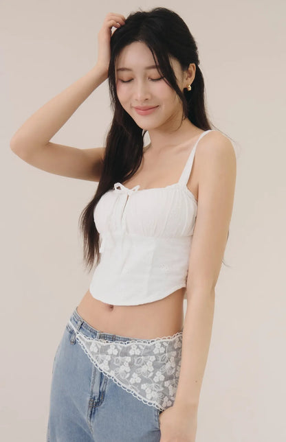French Eyelet Lace Tie-Front Bra Top<br/>法式緹花蕾絲抽繩Bra Top