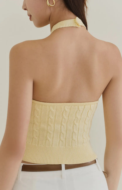 Deep V Cable Knit Halter Button Bra Top<br/>深Ｖ麻花繞脖排釦Bra Top