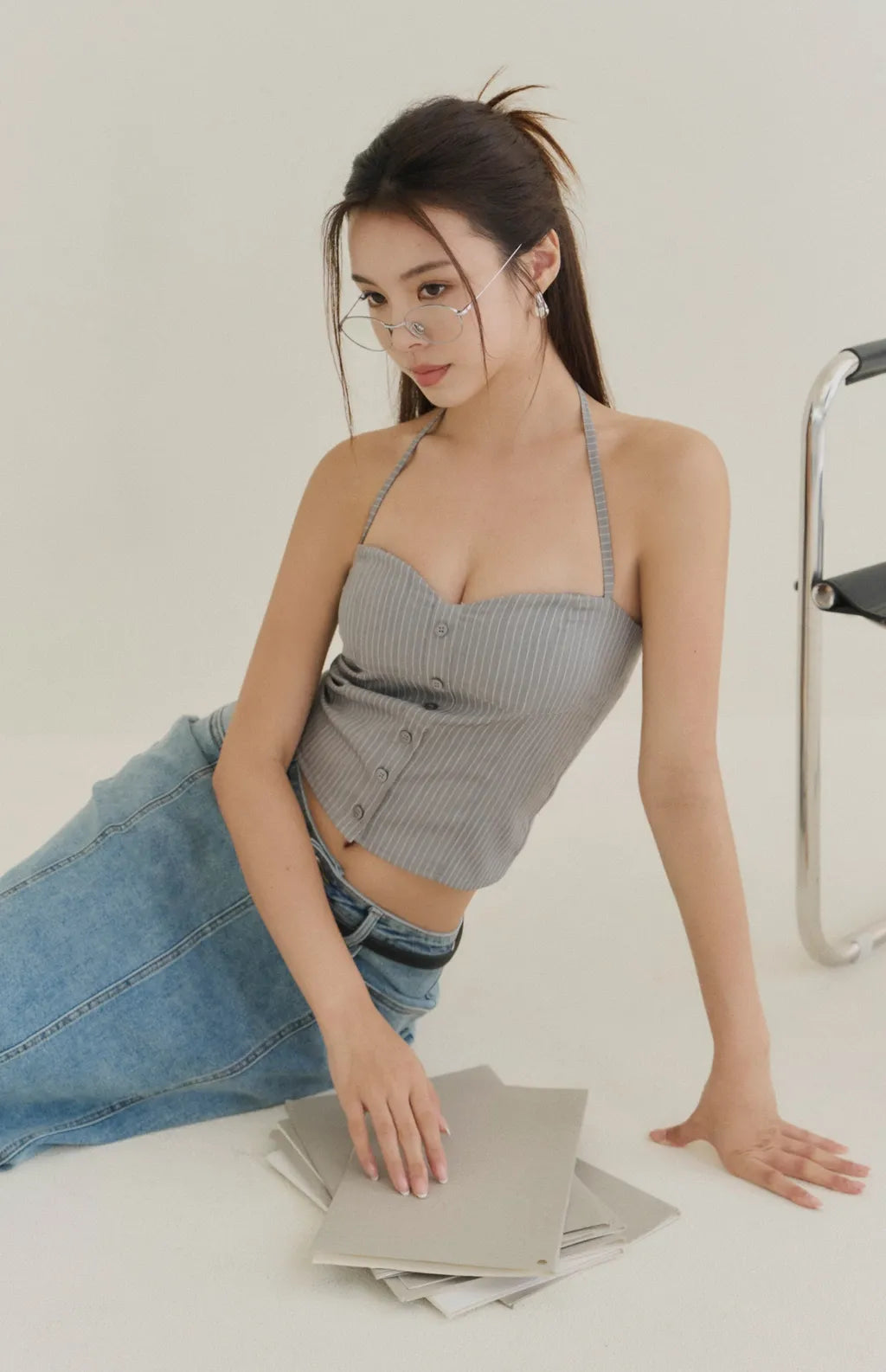 Striped Button-Front Corset<br/>歐美綁帶條紋排釦馬甲Bra Top