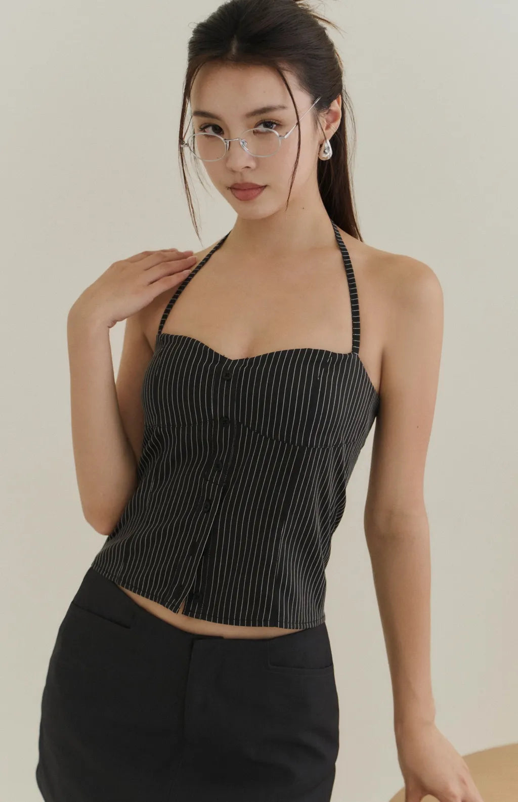 Striped Button-Front Corset<br/>歐美綁帶條紋排釦馬甲Bra Top