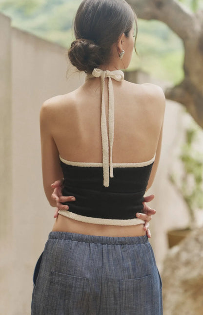 Contrast Knit Halter Bra Top<br/>慵懶法式撞色針織Bra Top