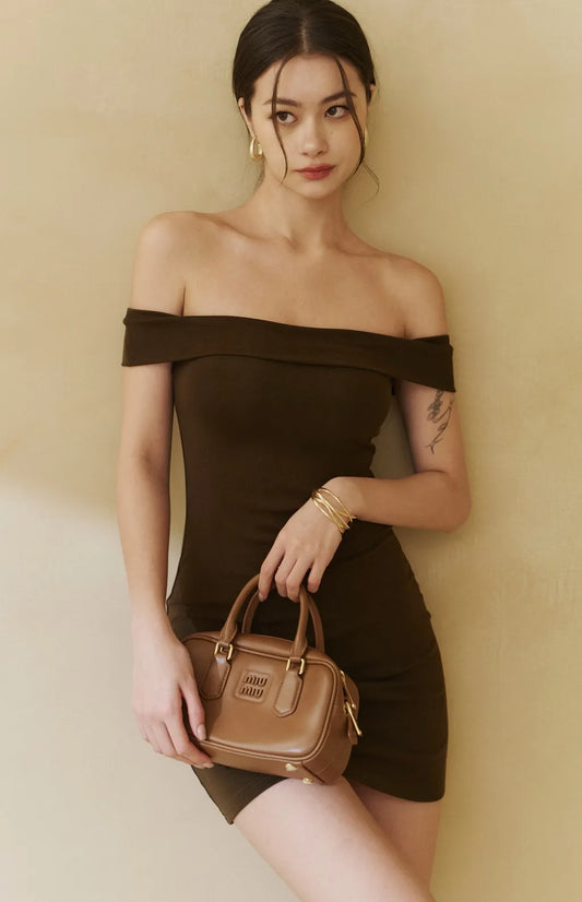 French Off-Shoulder Bodycon Mini Bra Dress<br/>法式一字領包臀Bra Dress
