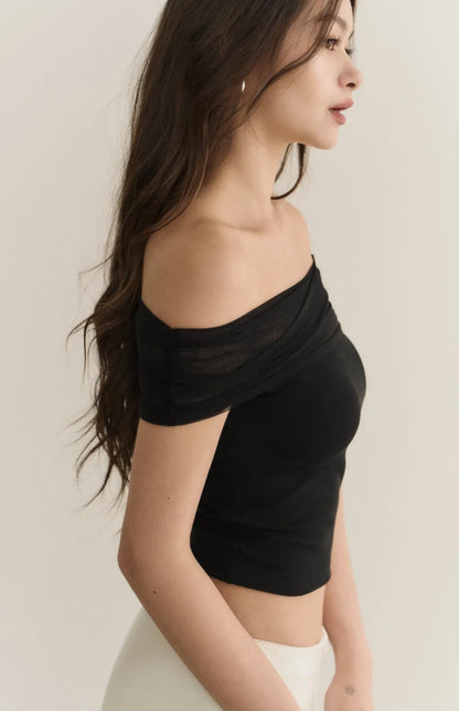 Sheer Gauze Off-Shoulder Bra Top<br/>透膚柔紗一字領Bra Top