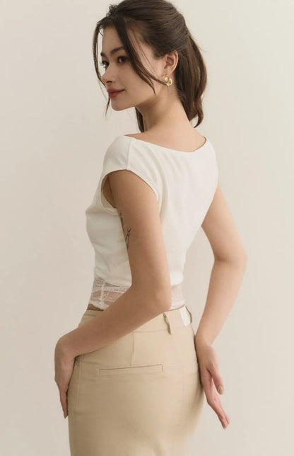 Asymmetric Lace Panel Bra Top<br/>斜領露肩拼接蕾絲Bra Top