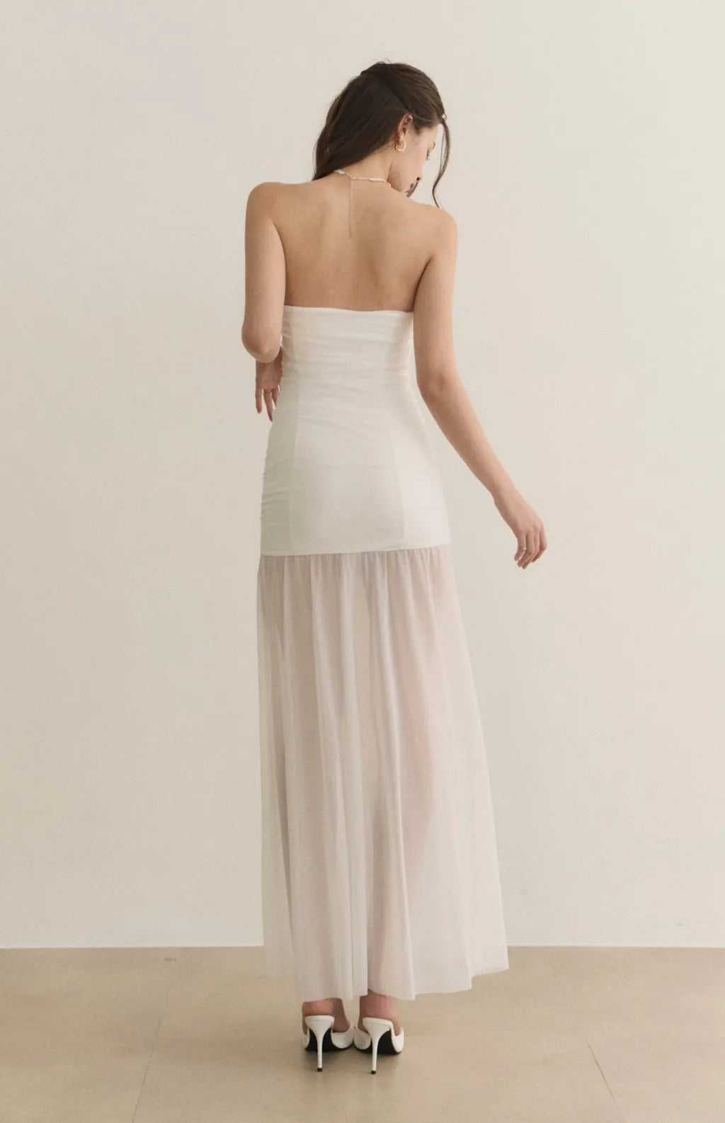 Strapless Ruched Sheer Overlay Bra Dress<br/>歐美平口抓皺收腰Bra Dress