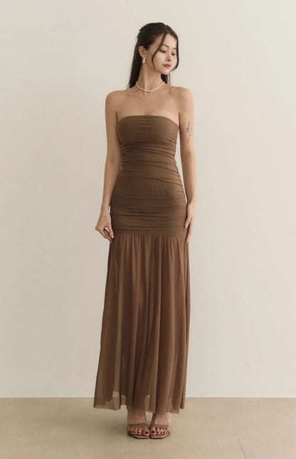 Strapless Ruched Sheer Overlay Bra Dress<br/>歐美平口抓皺收腰Bra Dress