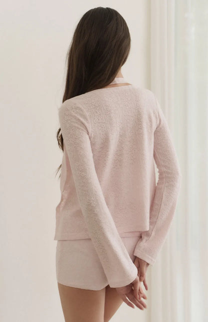 Deep V-Neck Lace Eyelet Crop Cardigan<br/>V領微透蕾絲雕花外套