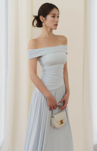 Off-Shoulder Ruched Maxi Bra Dress<br/>法式平肩抓皺修身Bra Dress