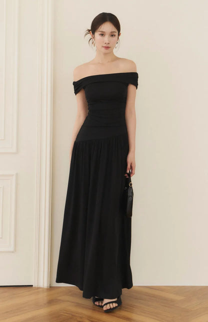 Off-Shoulder Ruched Maxi Bra Dress<br/>法式平肩抓皺修身Bra Dress