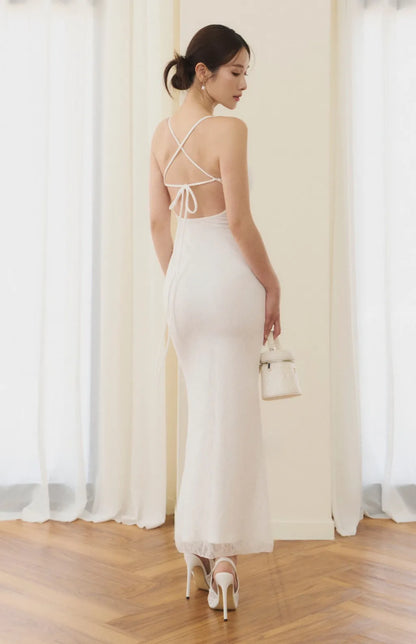 Lace V-Neck Tie-Back Maxi Bra Dress<br/>蕾絲V領美背綁帶Bra Dress