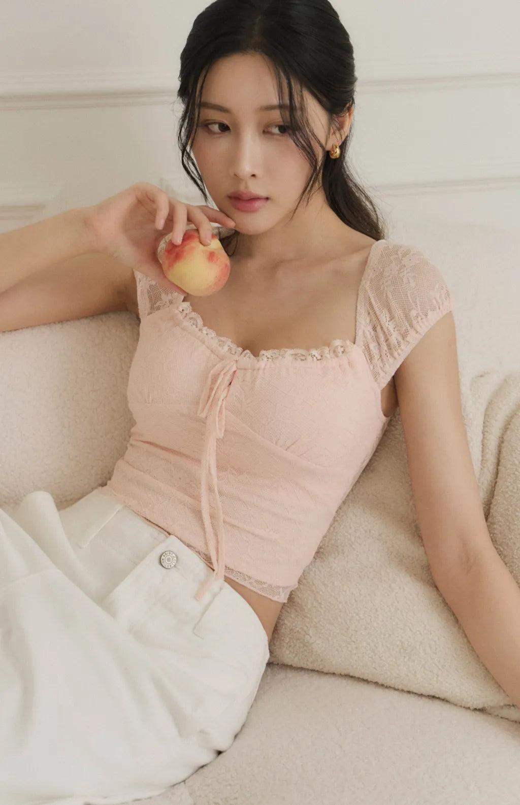 Sheer Lace Tie-Front Square-Neck Bra Top<br/>蕾絲抽繩方領透膚Bra Top