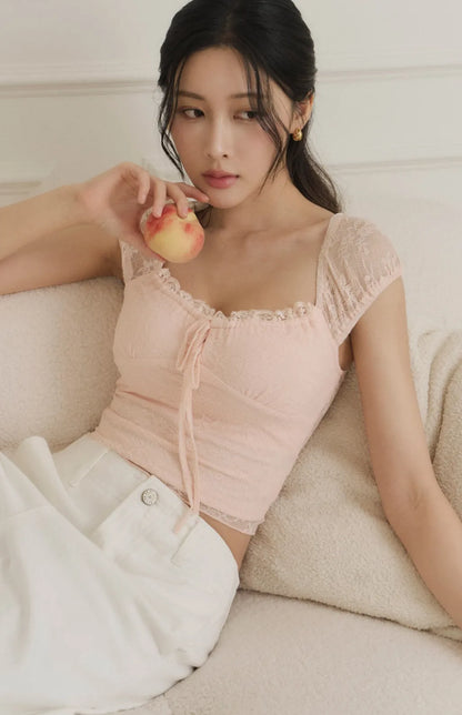 Sheer Lace Tie-Front Square-Neck Bra Top<br/>蕾絲抽繩方領透膚Bra Top