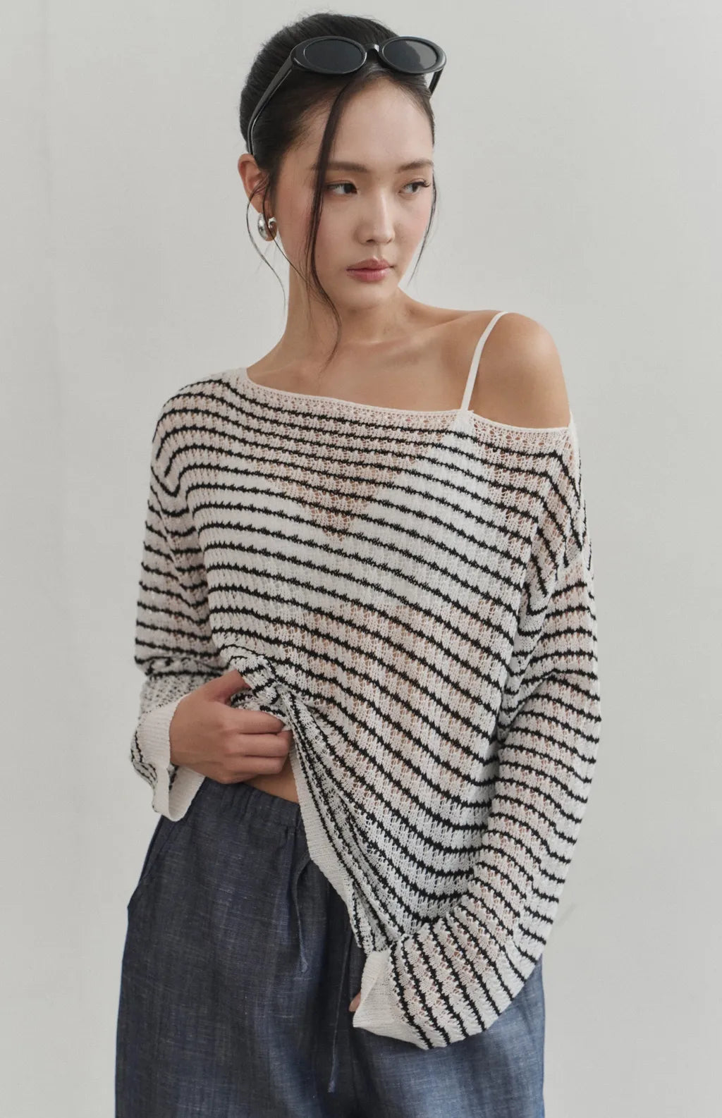 Sheer Striped Open-Knit Sweater<br/>透膚條紋鏤空罩衫