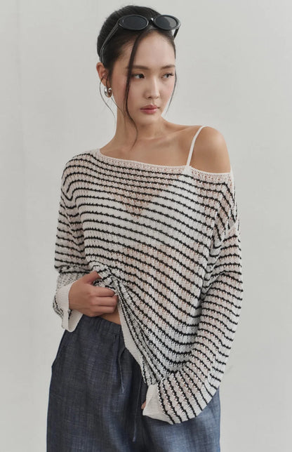 Sheer Striped Open-Knit Sweater<br/>透膚條紋鏤空罩衫