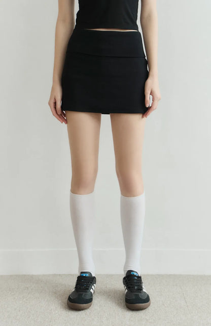 Fold-Over Wide-Waistband Ribbed Skort<br/>反折寬腰帶羅紋短褲裙