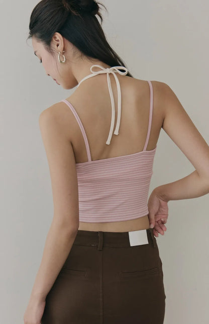 Striped Layered Halter Scoop Bra Top<br/>條紋假兩件U領綁帶Bra Top