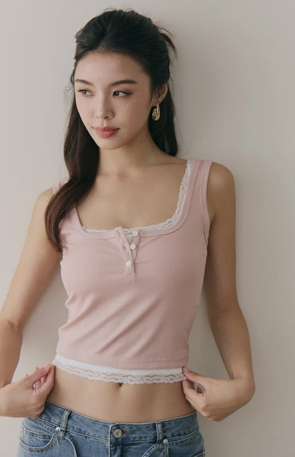 Tencel Layered Lace-Trim Henley Bra Top<br/>天絲假兩件蕾絲可開釦Bra Top