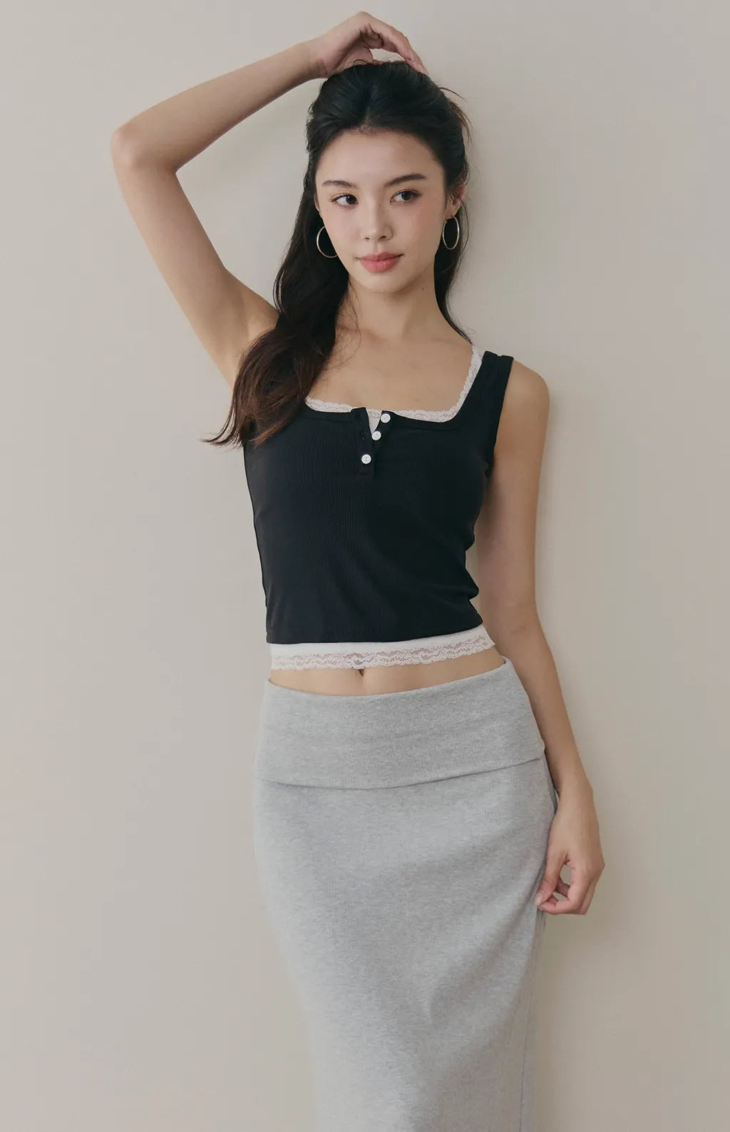 Tencel Layered Lace-Trim Henley Bra Top<br/>天絲假兩件蕾絲可開釦Bra Top