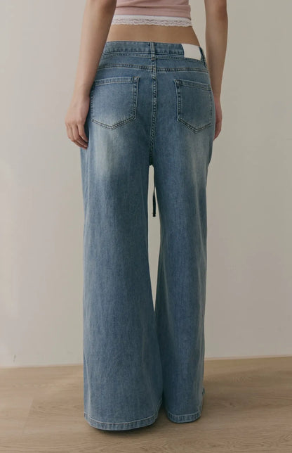 Drawstring Soft Denim Wide-Leg Jeans<br/>抽繩腰帶軟牛仔寬褲