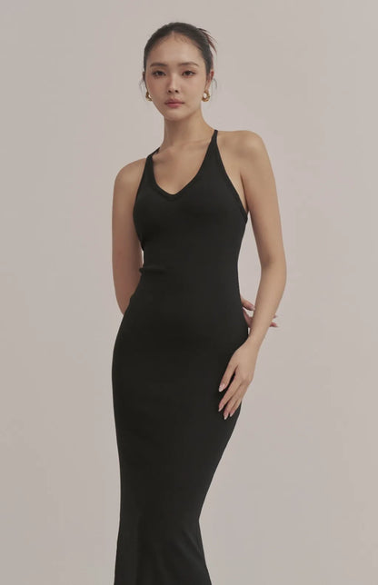 Ribbed V-Neck Racerback Bodycon Maxi Bra Dress<br/>羅紋V領挖背修身Bra Dress