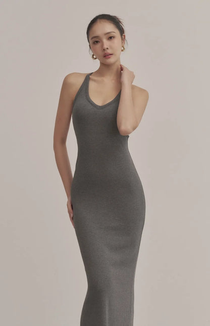 Ribbed V-Neck Racerback Bodycon Maxi Bra Dress<br/>羅紋V領挖背修身Bra Dress