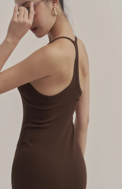Ribbed V-Neck Racerback Bodycon Maxi Bra Dress<br/>羅紋V領挖背修身Bra Dress