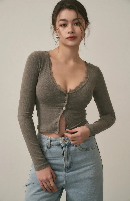 Lace Ribbed Button Bra Top<br/>蕾絲坑條排釦Bra Top